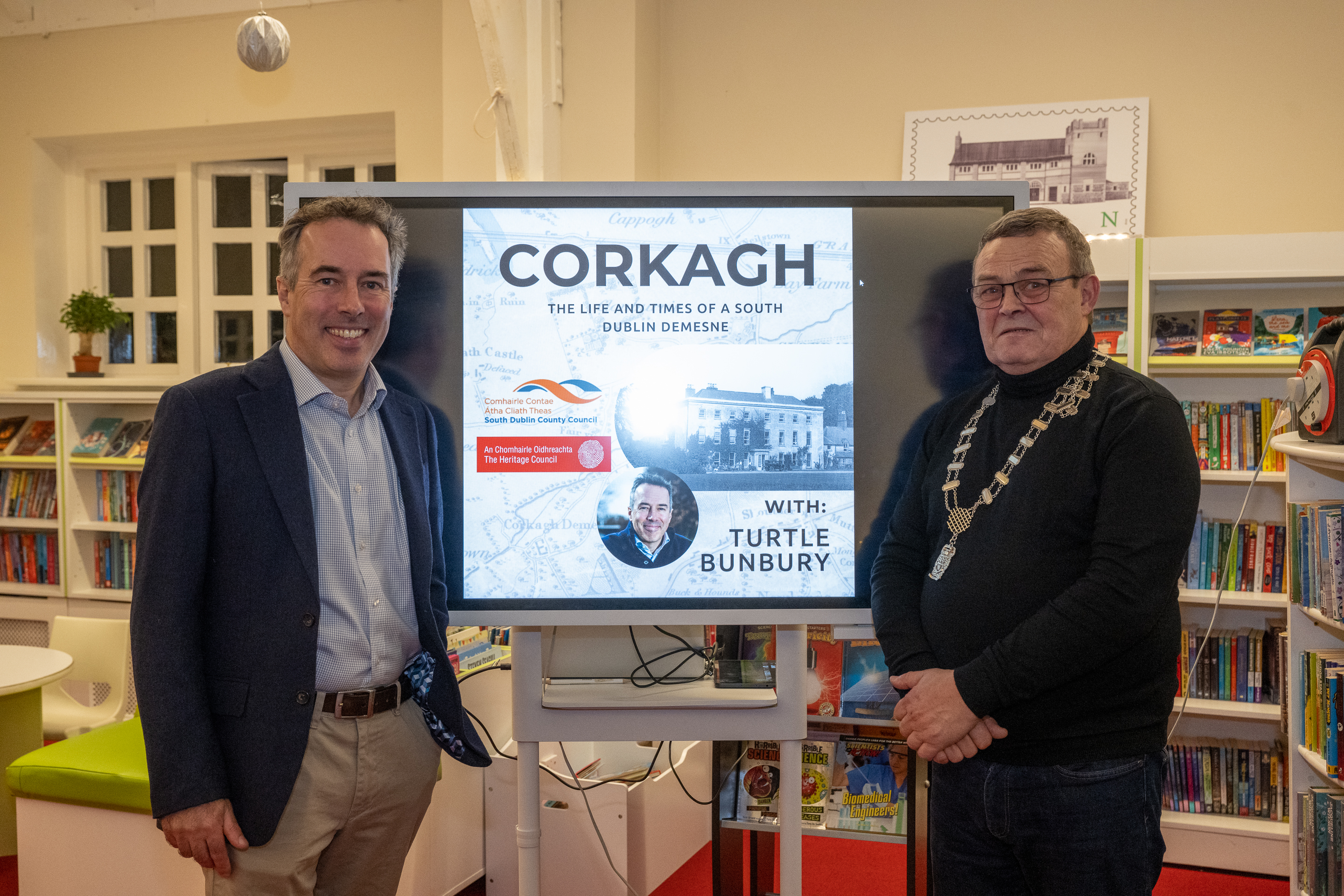 Turtle Bunbry and Cllr. William Carey at the launch of the Corkagh Podcast at Clondalkin Library.