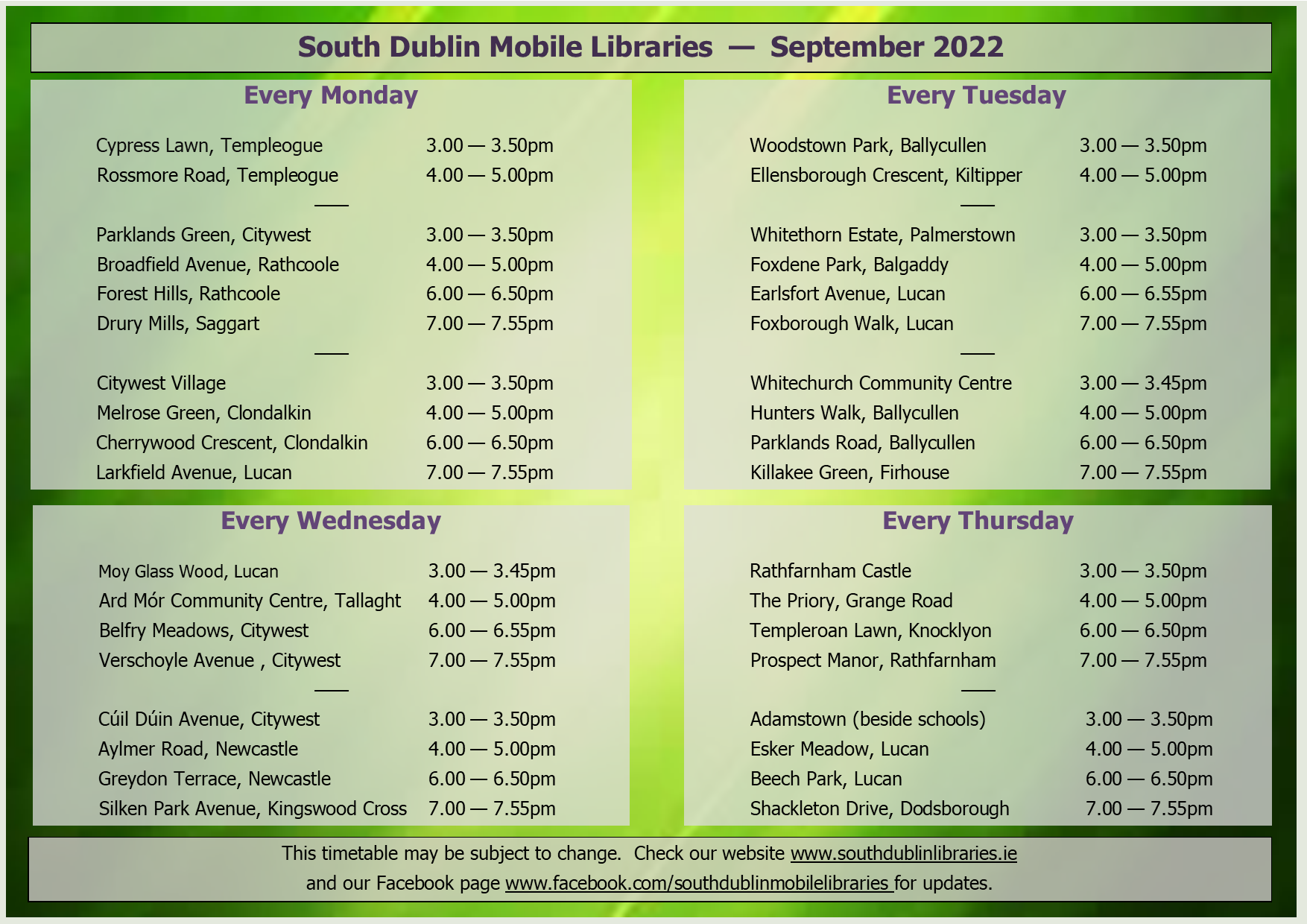 Mobiles timetable September 2022